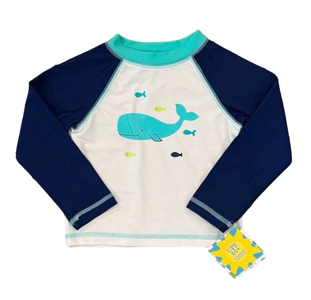 NWT Little Me White & Navy W/Turquoise Whale Graphic Swim/Rashguard
